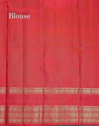 Pure Kanjivaram Silk Saree - Magenta Colour Body Checks With Butta & Contrast Pinkish Red Traditional Gap Border