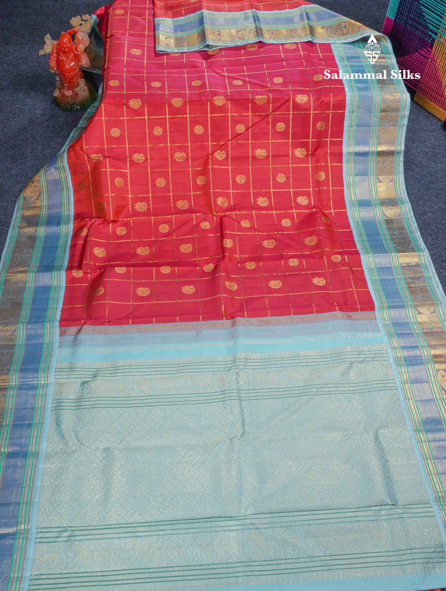Reddish Orange Veldhari Checks Pure Kanjivaram Silk Saree With Contrast Sky Blue Traditional Border