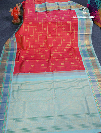 Reddish Orange Veldhari Checks Pure Kanjivaram Silk Saree With Contrast Sky Blue Traditional Border
