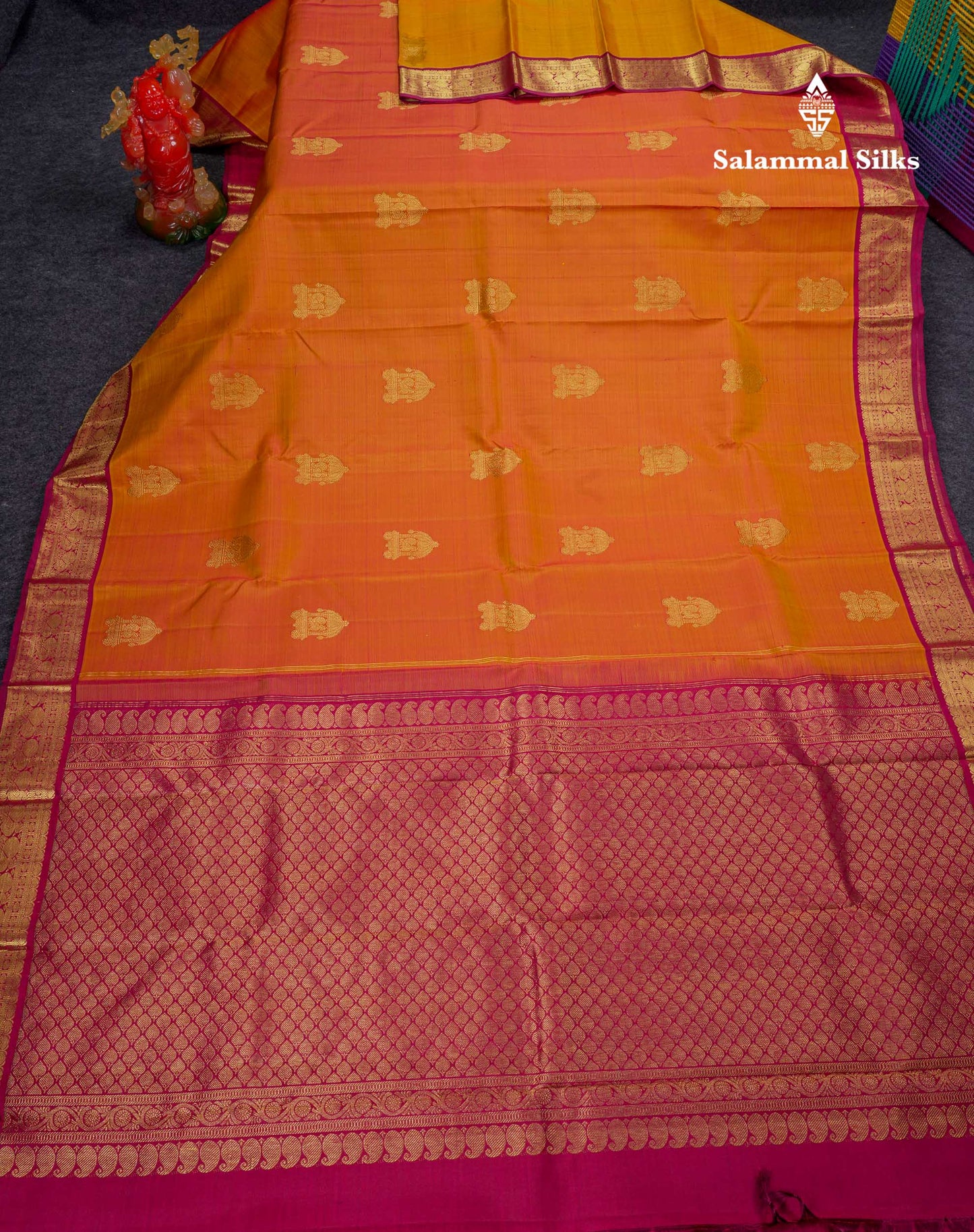 Beautiful Dual Tone Orange Pure Kanjivaram Silk Saree With Contrast Maroon Traditional Medium Border