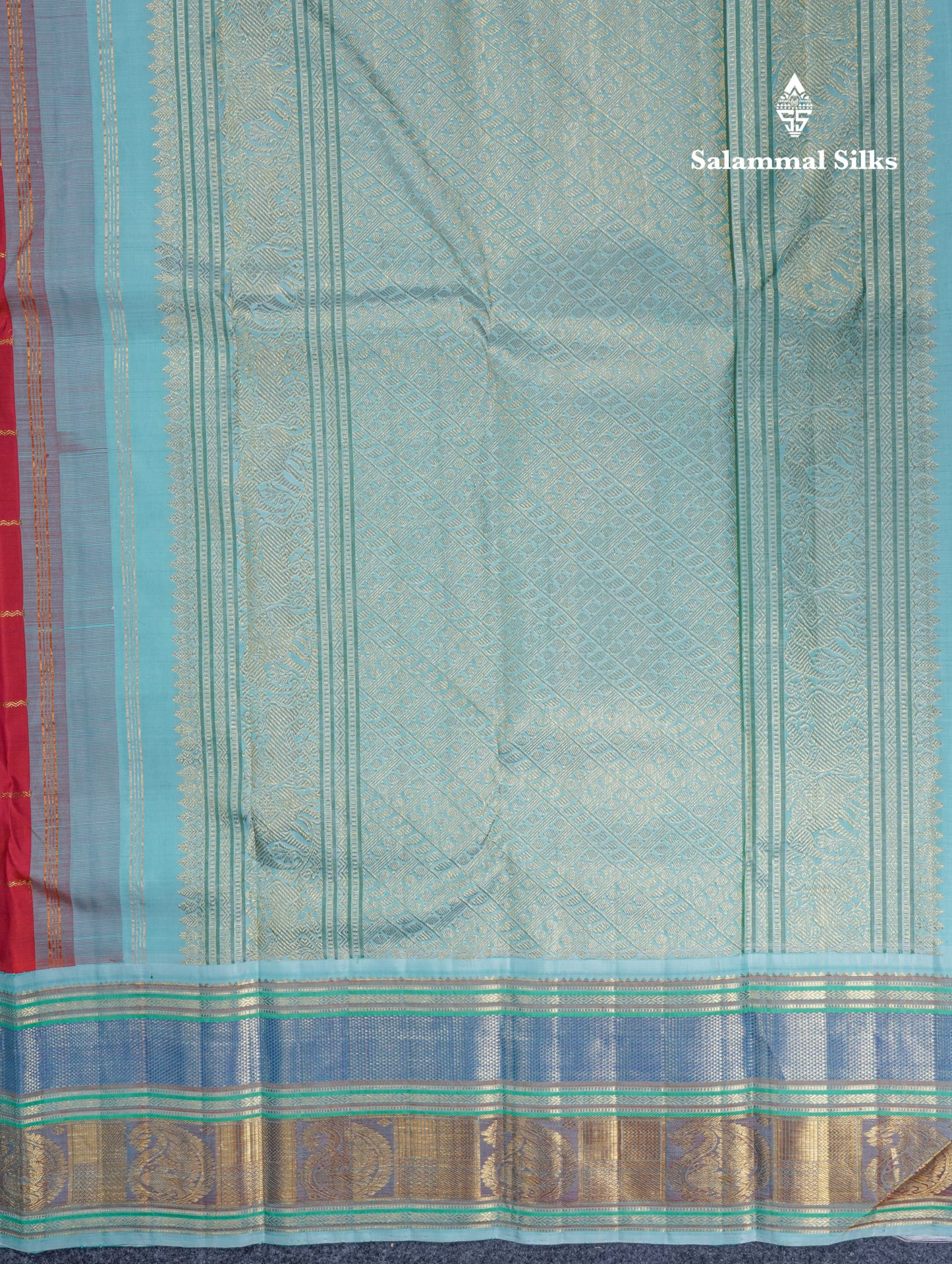 Reddish Orange Veldhari Checks Pure Kanjivaram Silk Saree With Contrast Sky Blue Traditional Border