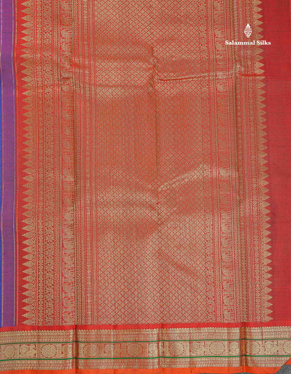 Pure Kanjivaram Silk Saree - Dual Tone Navy Blue Colour Body With Rust Orange Traditional Border