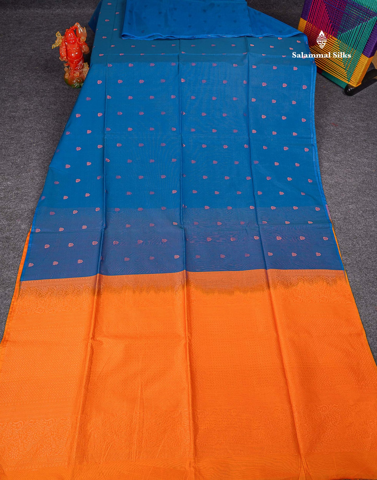 SICO Cotton Saree -Peacock Blue Colour Body Small Zari Butta With Contrast Mango Yellow Blouse