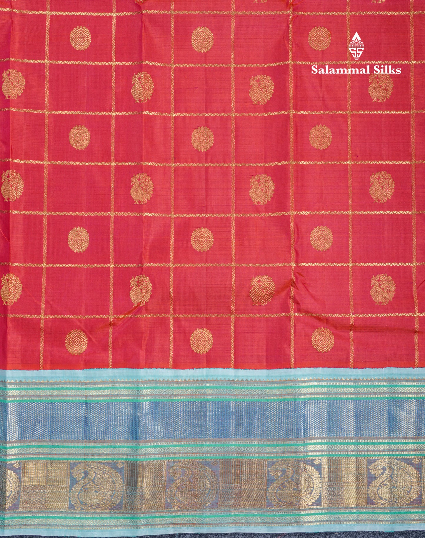 Reddish Orange Veldhari Checks Pure Kanjivaram Silk Saree With Contrast Sky Blue Traditional Border