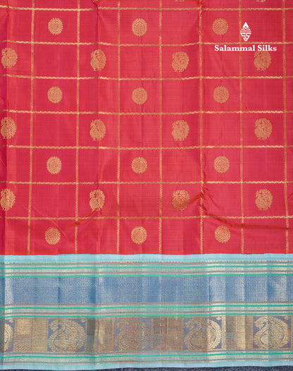 Reddish Orange Veldhari Checks Pure Kanjivaram Silk Saree With Contrast Sky Blue Traditional Border