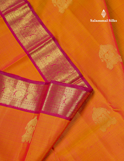 Beautiful Dual Tone Orange Pure Kanjivaram Silk Saree With Contrast Maroon Traditional Medium Border