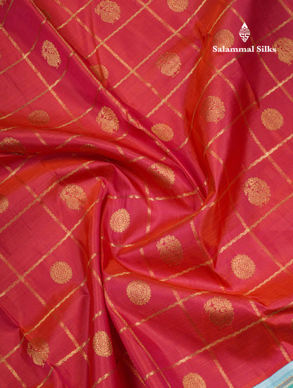 Reddish Orange Veldhari Checks Pure Kanjivaram Silk Saree With Contrast Sky Blue Traditional Border
