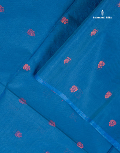 SICO Cotton Saree -Peacock Blue Colour Body Small Zari Butta With Contrast Mango Yellow Blouse