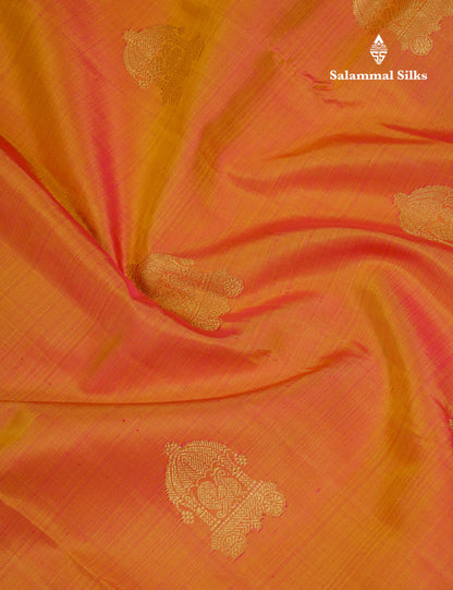 Beautiful Dual Tone Orange Pure Kanjivaram Silk Saree With Contrast Maroon Traditional Medium Border