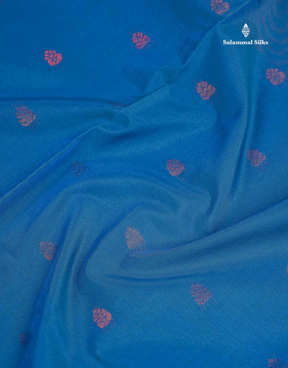 SICO Cotton Saree -Peacock Blue Colour Body Small Zari Butta With Contrast Mango Yellow Blouse
