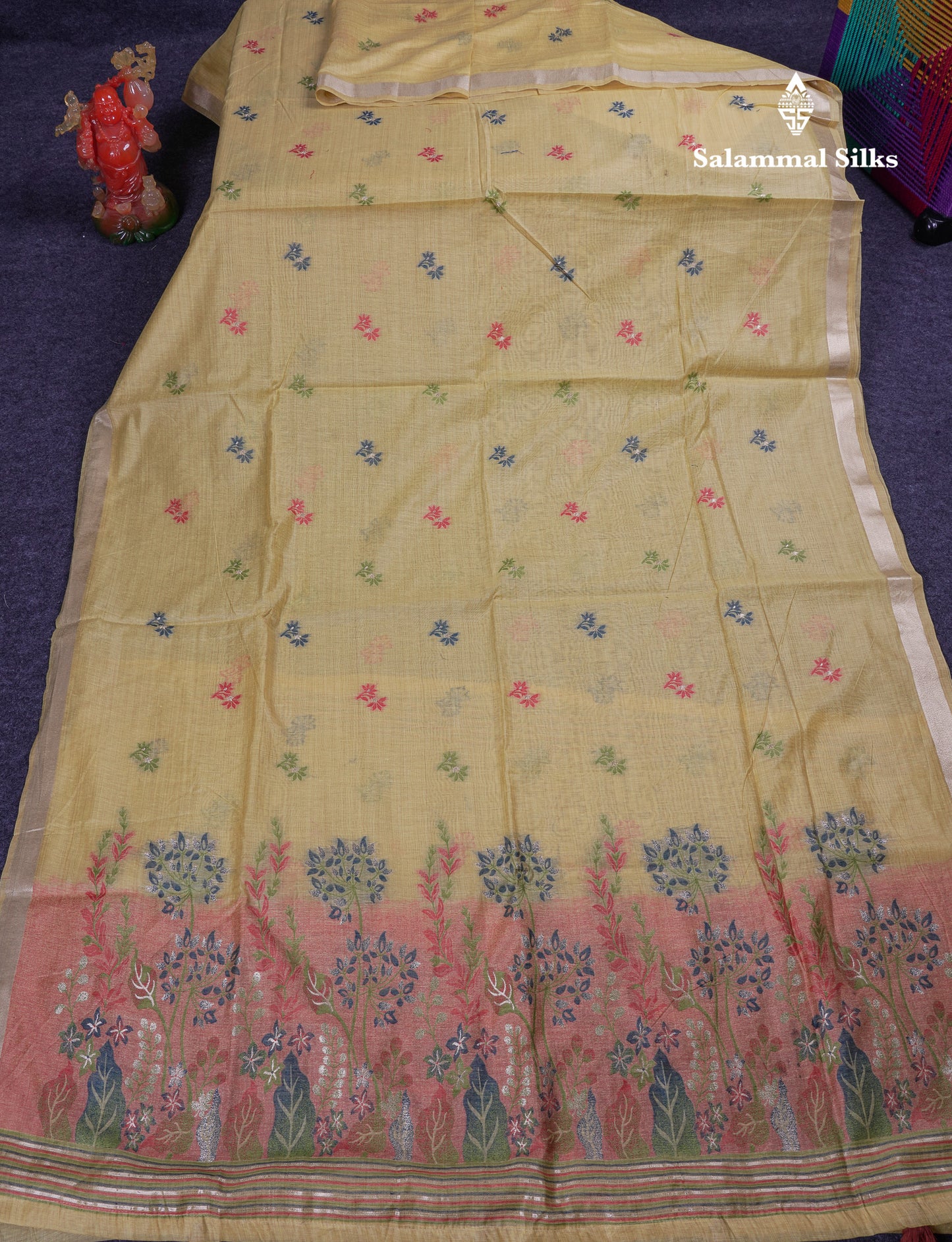Beautiful Light Yellow Thread Work Butta Muga Cotton Saree With Blouse