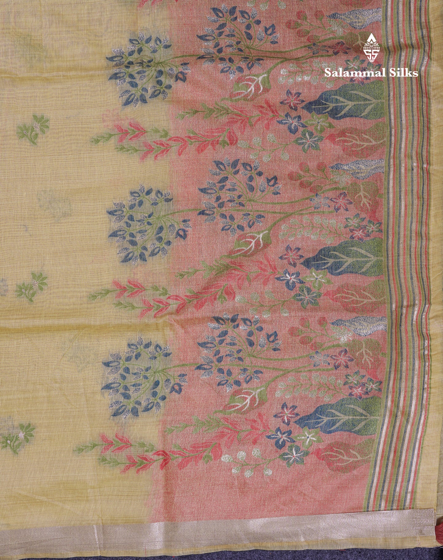 Beautiful Light Yellow Thread Work Butta Muga Cotton Saree With Blouse
