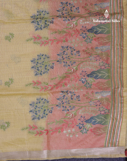 Beautiful Light Yellow Thread Work Butta Muga Cotton Saree With Blouse