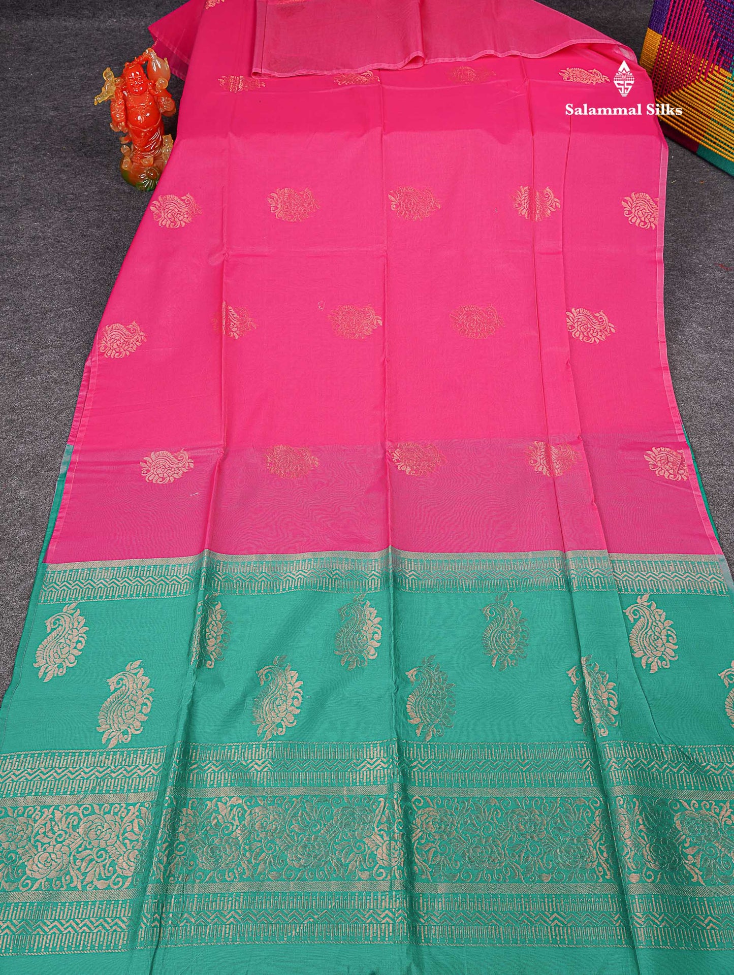 SICO Cotton Saree - Pink Colour Body Zari Butta With Contrast Sapphire Green Blouse