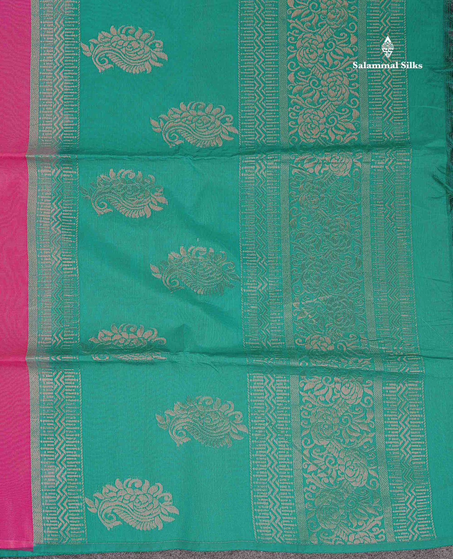 SICO Cotton Saree - Pink Colour Body Zari Butta With Contrast Sapphire Green Blouse