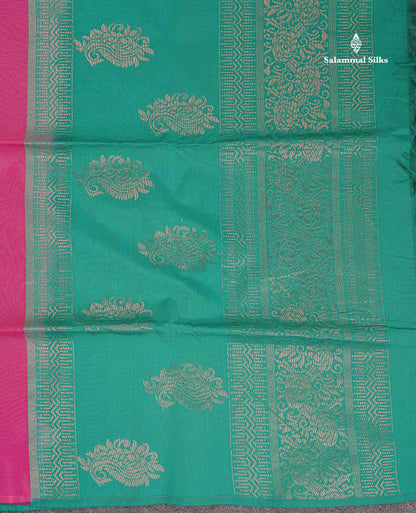SICO Cotton Saree - Pink Colour Body Zari Butta With Contrast Sapphire Green Blouse