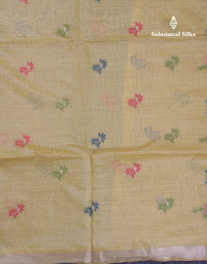 Beautiful Light Yellow Thread Work Butta Muga Cotton Saree With Blouse