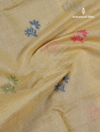 Beautiful Light Yellow Thread Work Butta Muga Cotton Saree With Blouse