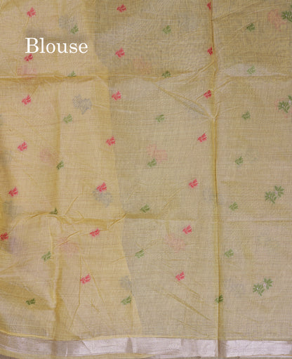 Beautiful Light Yellow Thread Work Butta Muga Cotton Saree With Blouse