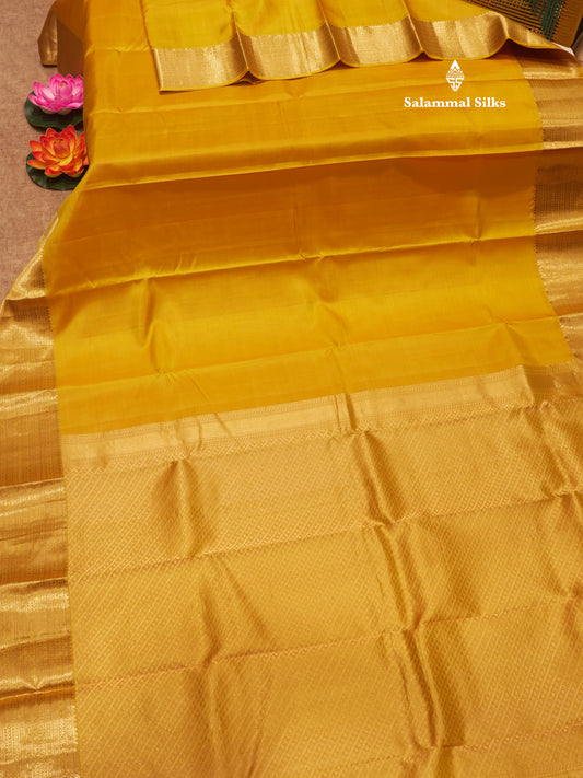 Mustard Yellow Colour Plain Pure Kanjivaram Silk Saree With Gold Zari Border