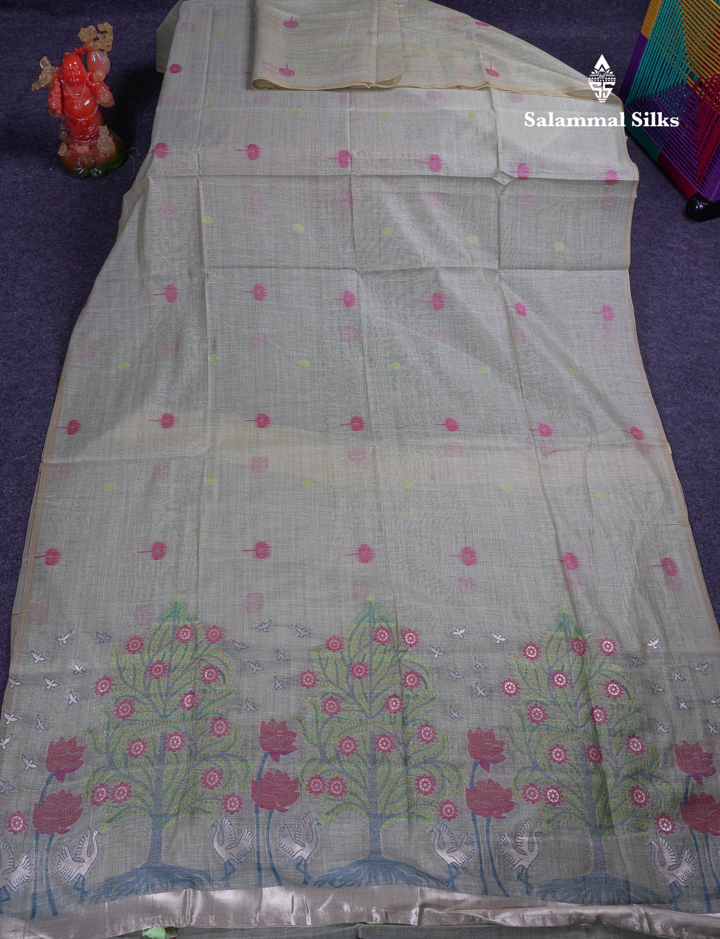 Beautiful Cream Sandal Thread Work Butta Muga Cotton Saree With Blouse