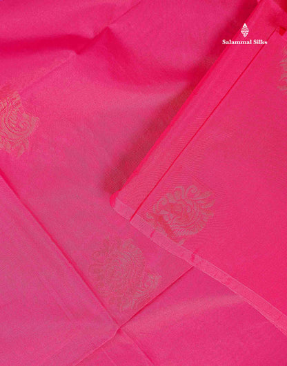 SICO Cotton Saree - Pink Colour Body Zari Butta With Contrast Sapphire Green Blouse