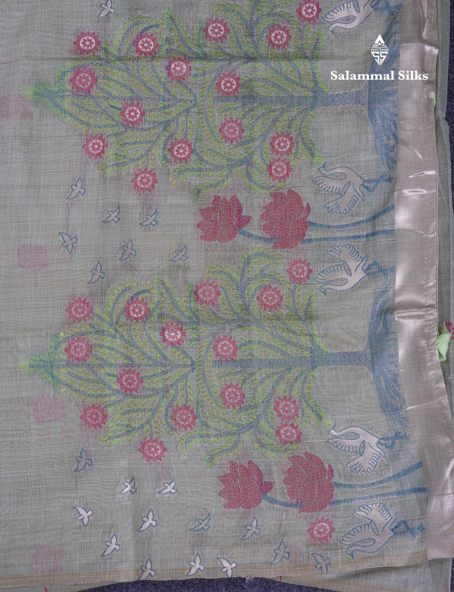 Beautiful Cream Sandal Thread Work Butta Muga Cotton Saree With Blouse