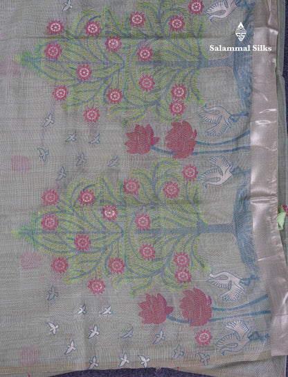Beautiful Cream Sandal Thread Work Butta Muga Cotton Saree With Blouse