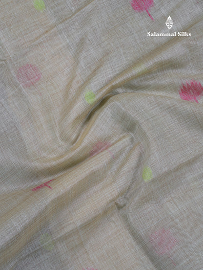 Beautiful Cream Sandal Thread Work Butta Muga Cotton Saree With Blouse