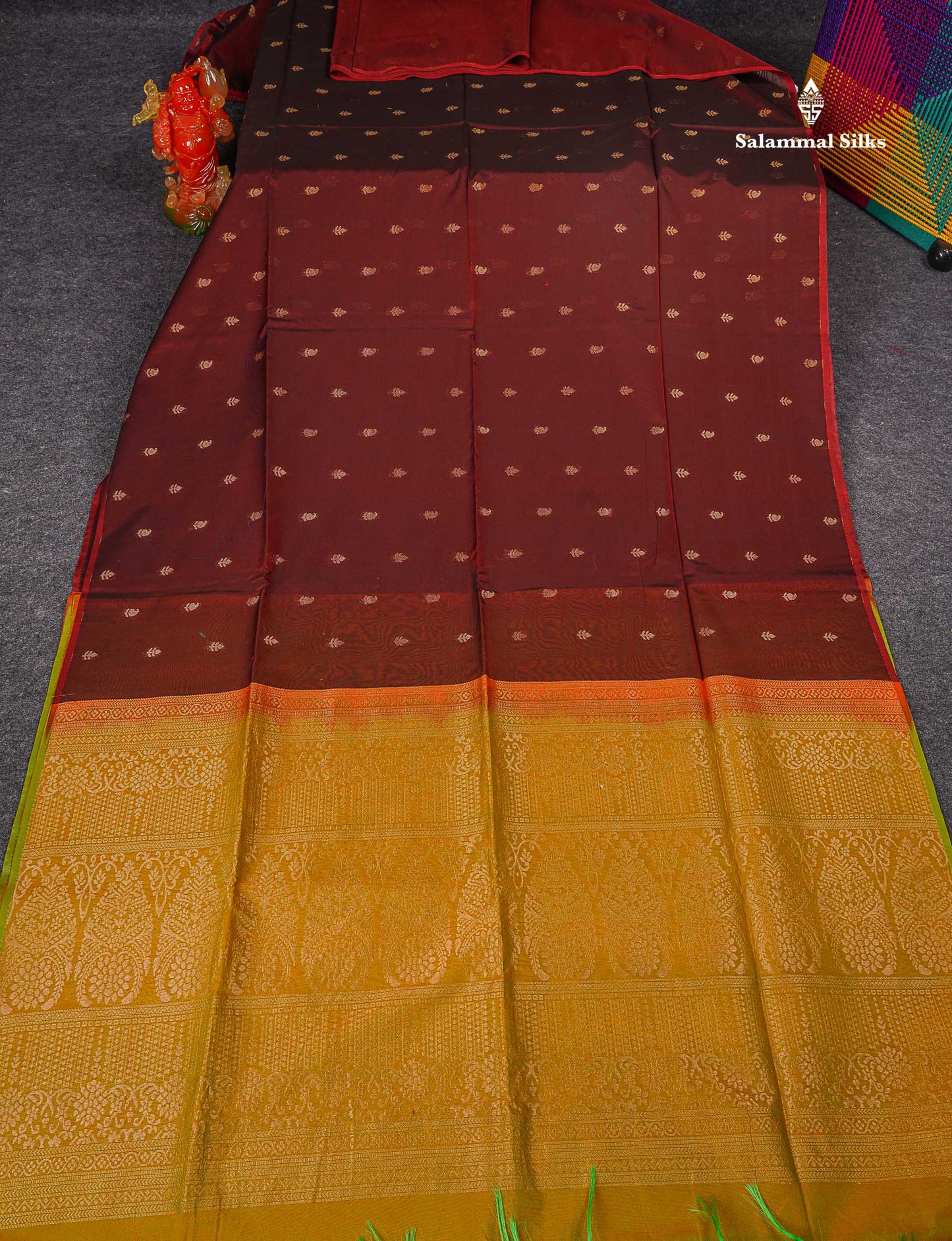SICO Cotton Saree - Dark Maroon Colour Body Small Zari Butta With Contrast Manthulir Yellow Blouse