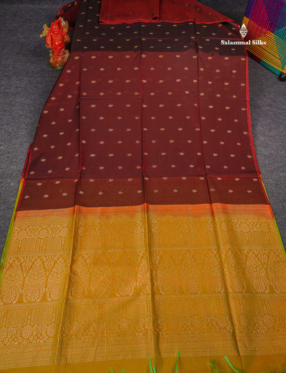 SICO Cotton Saree - Dark Maroon Colour Body Small Zari Butta With Contrast Manthulir Yellow Blouse
