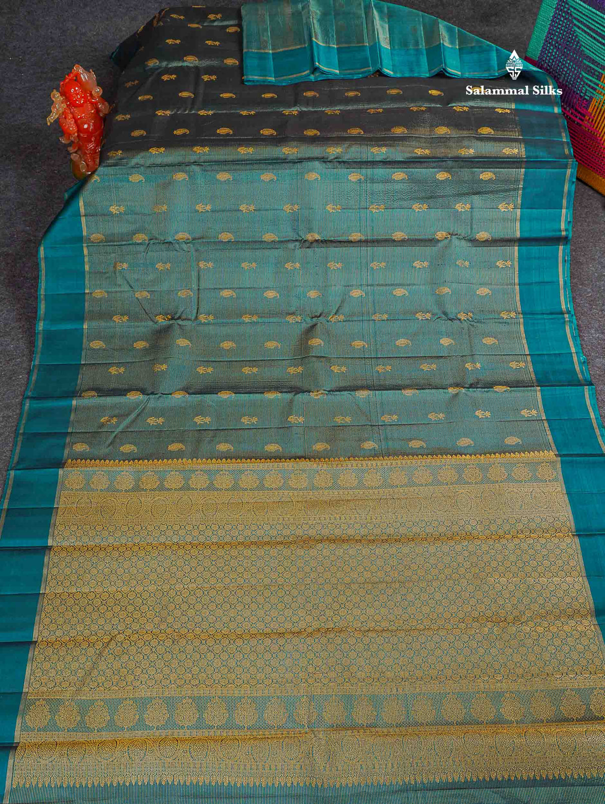 Pure Kanjivaram Silk Saree - Teal Green Colour Body Vaira Oosi Lines With Butta & Plain Border