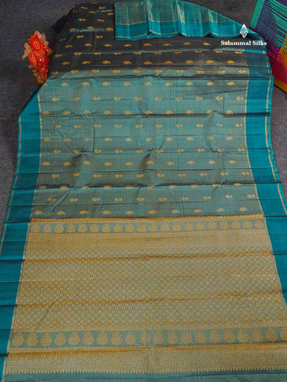 Pure Kanjivaram Silk Saree - Teal Green Colour Body Vaira Oosi Lines With Butta & Plain Border