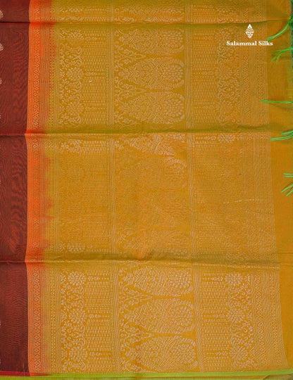 SICO Cotton Saree - Dark Maroon Colour Body Small Zari Butta With Contrast Manthulir Yellow Blouse