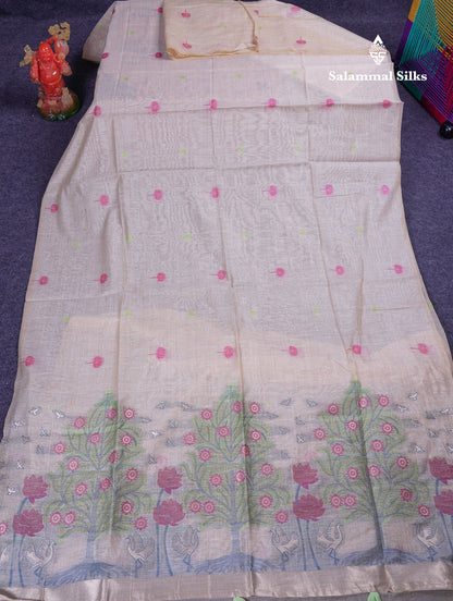 Beautiful Cream Sandal Thread Work Butta Muga Cotton Saree With Blouse