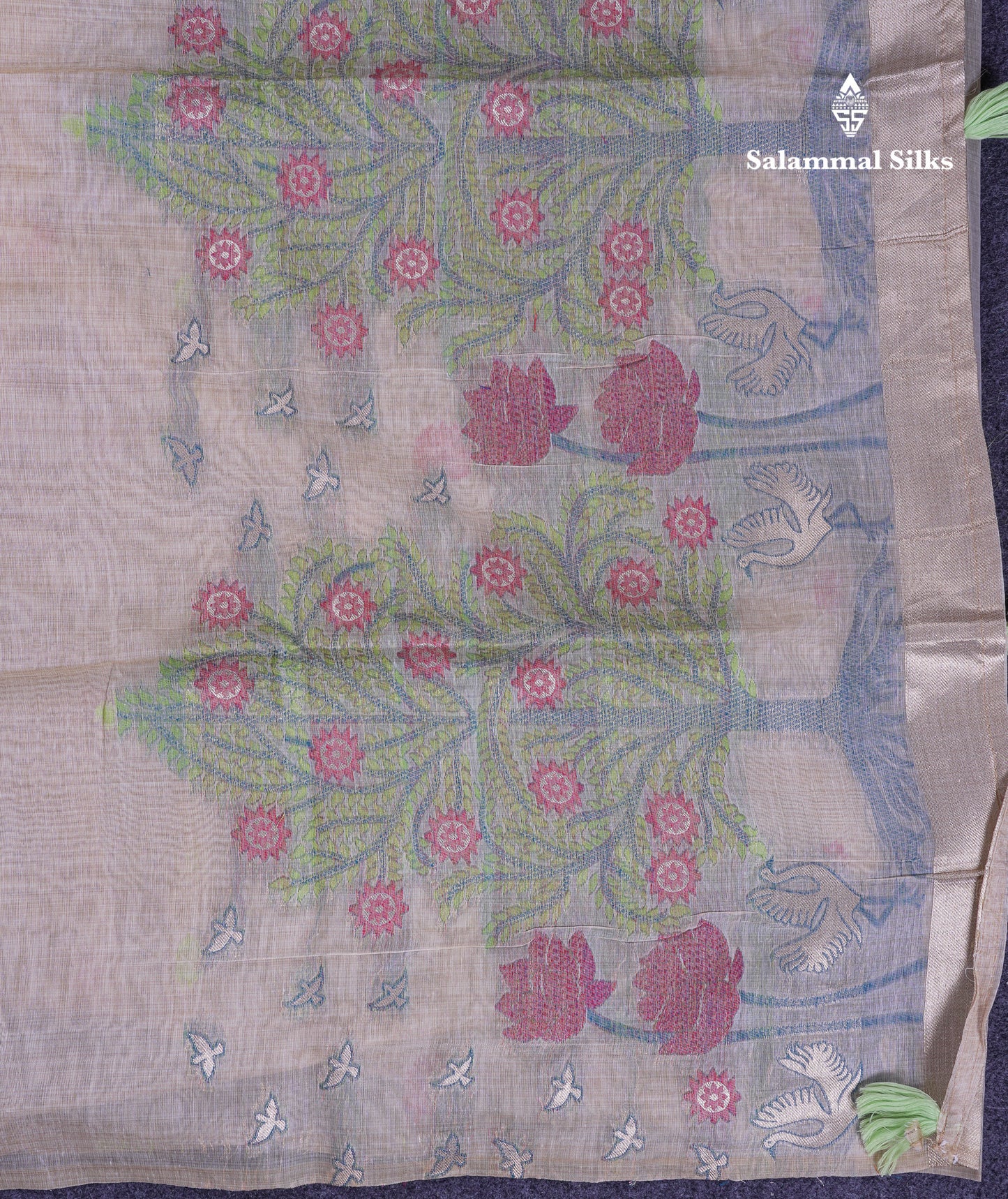 Beautiful Cream Sandal Thread Work Butta Muga Cotton Saree With Blouse