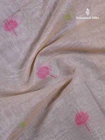 Beautiful Cream Sandal Thread Work Butta Muga Cotton Saree With Blouse
