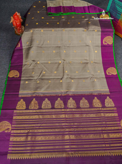 Pure Kanjivaram Silk Saree - Light Grey Colour Body Zari Butta With Magenta Border