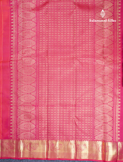 Dual Tone Pinkish Orange Pure Kanjivaram Silk Saree With Contrast Rani Pink Traditional Border