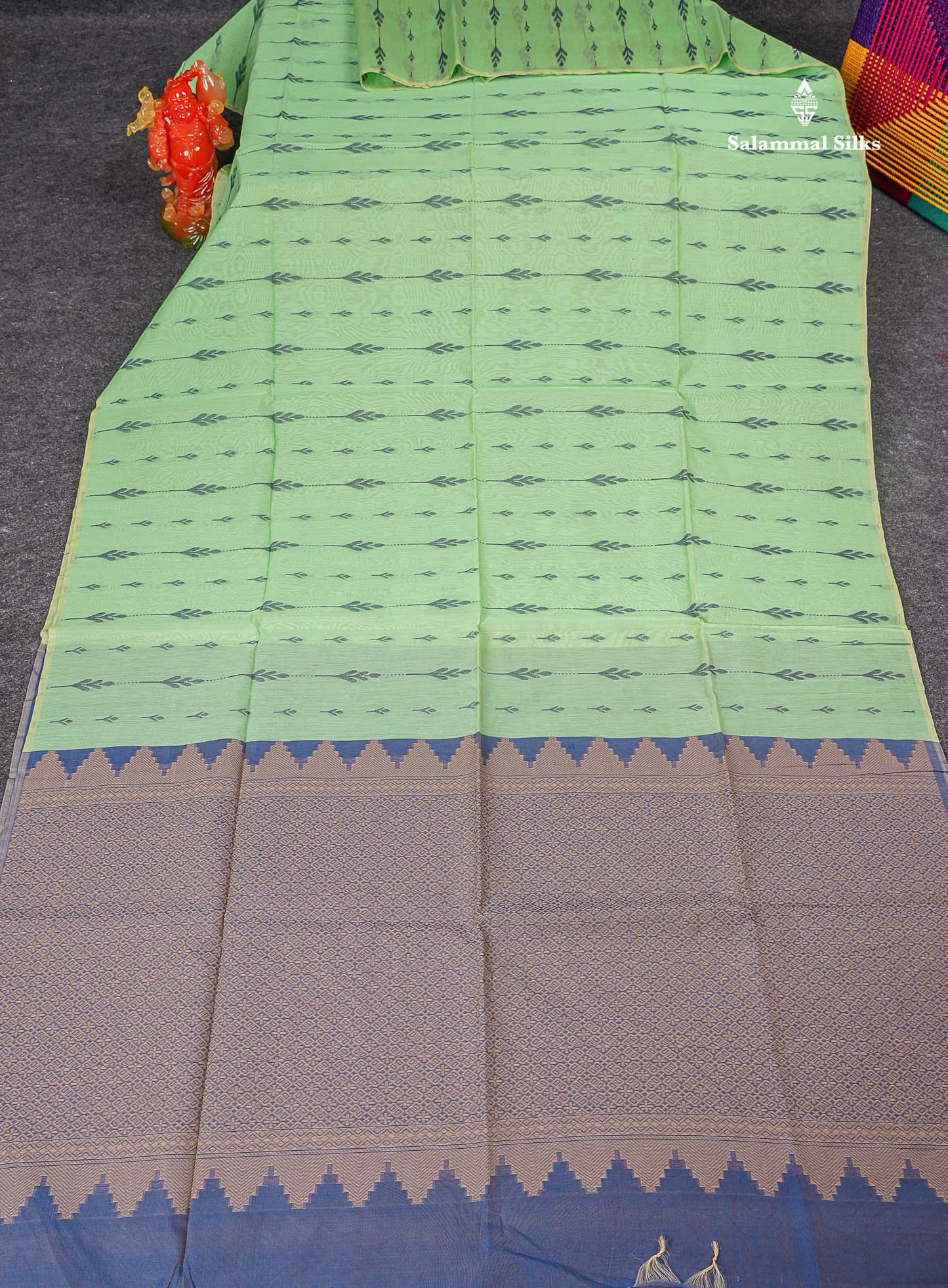 Rexona Green Beautiful Fancy Kora Cotton Saree With Contrast Blue Blouse