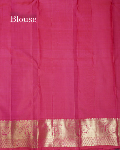 Dual Tone Pinkish Orange Pure Kanjivaram Silk Saree With Contrast Rani Pink Traditional Border