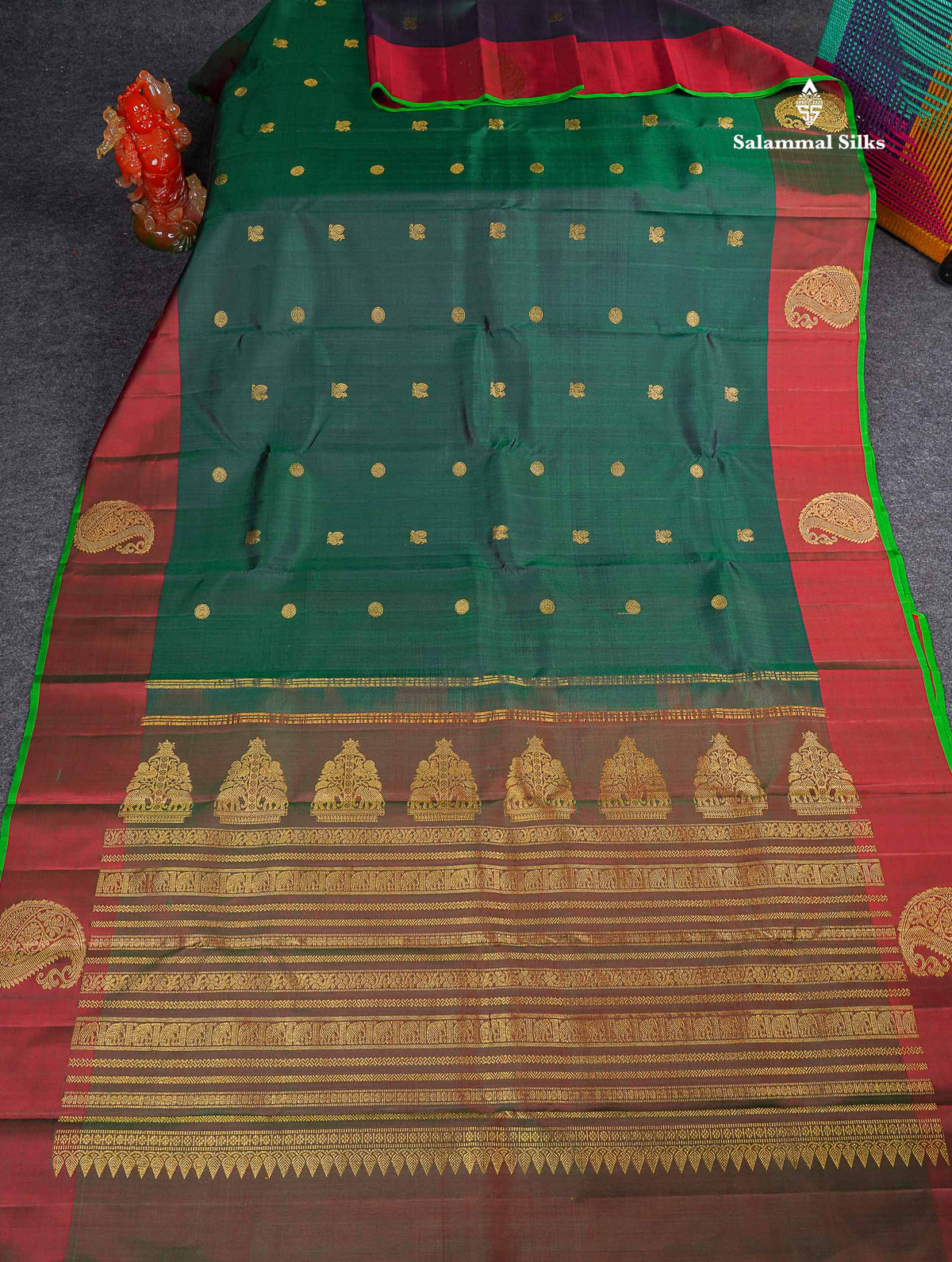 Pure Kanjivaram Silk Saree - Bottle Green Colour Body Zari Butta With Dual Tone Maroon Border