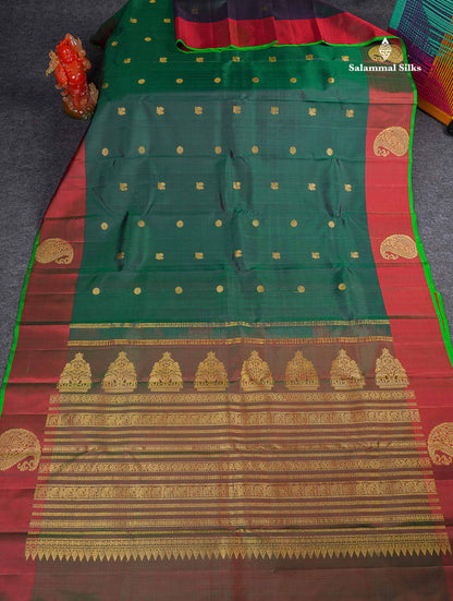 Pure Kanjivaram Silk Saree - Bottle Green Colour Body Zari Butta With Dual Tone Maroon Border