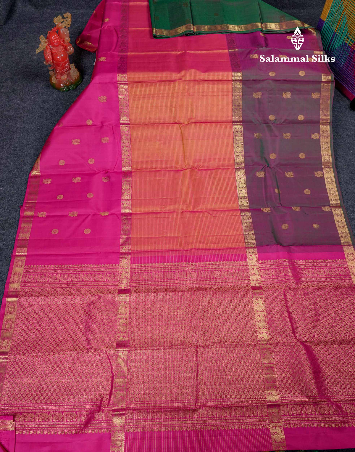 Beautiful Orange Zari Lines Pure Kanjivaram Silk Saree With Traditional Ganga Jamuna Long Border With Butta