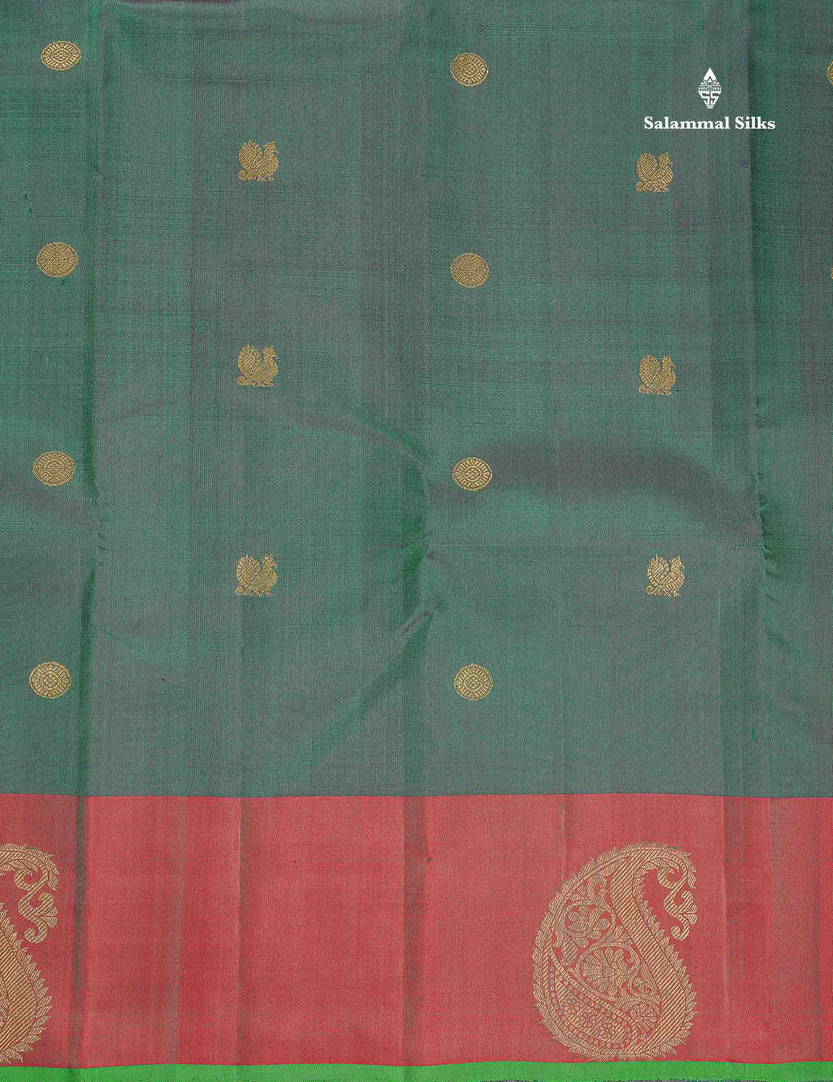 Pure Kanjivaram Silk Saree - Bottle Green Colour Body Zari Butta With Dual Tone Maroon Border