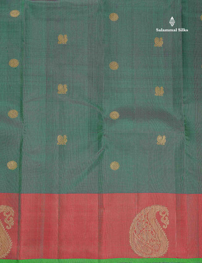 Pure Kanjivaram Silk Saree - Bottle Green Colour Body Zari Butta With Dual Tone Maroon Border