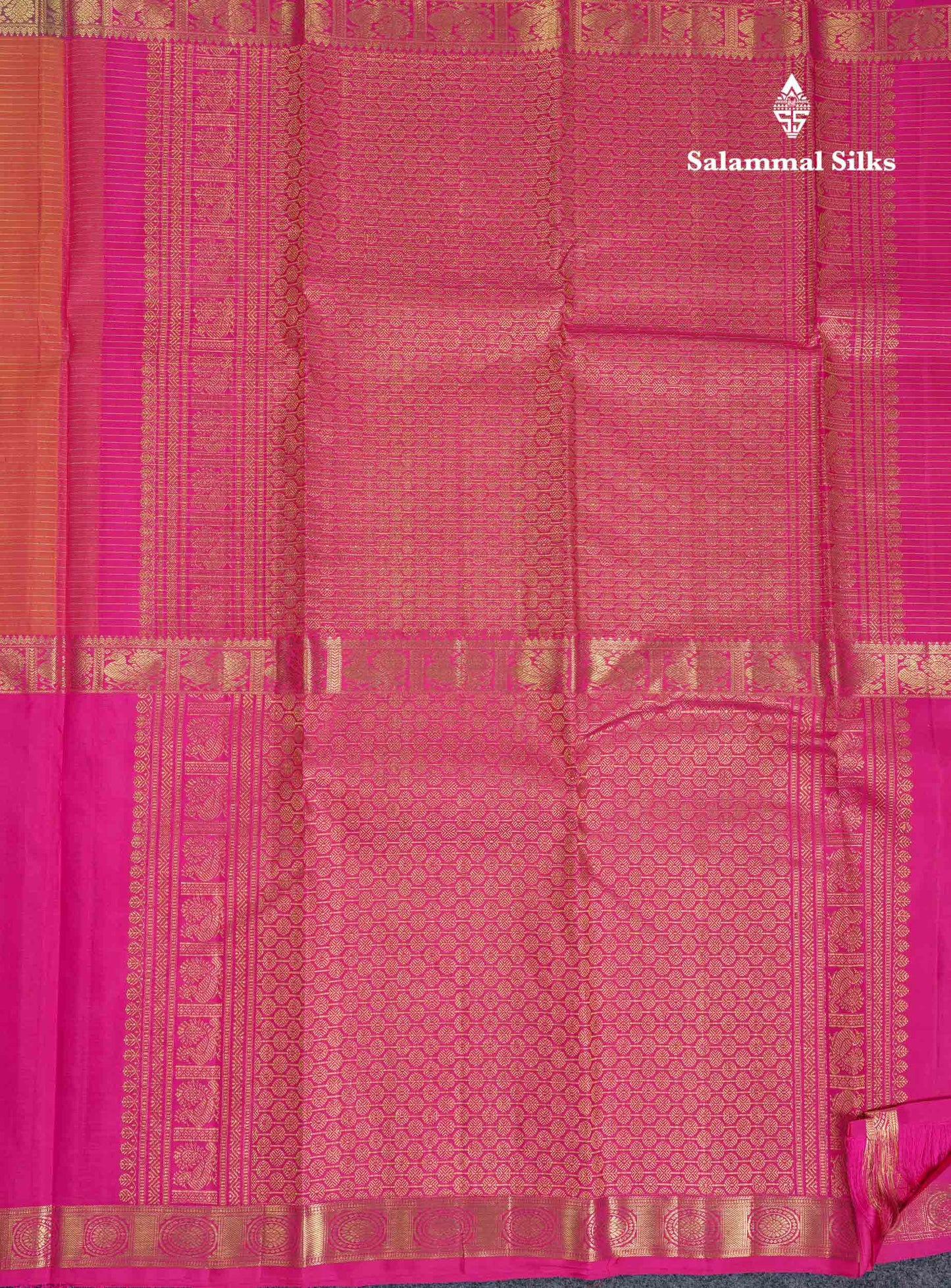 Beautiful Orange Zari Lines Pure Kanjivaram Silk Saree With Traditional Ganga Jamuna Long Border With Butta