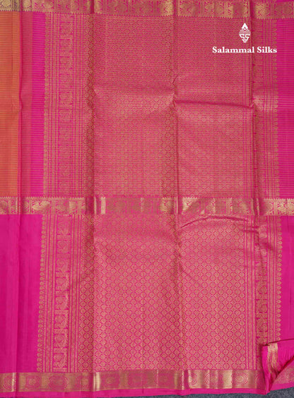 Beautiful Orange Zari Lines Pure Kanjivaram Silk Saree With Traditional Ganga Jamuna Long Border With Butta
