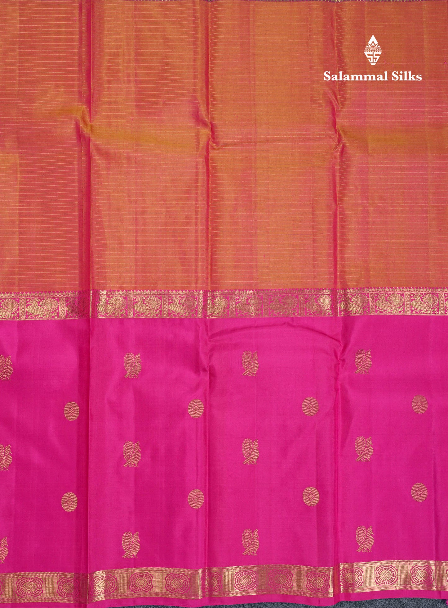 Beautiful Orange Zari Lines Pure Kanjivaram Silk Saree With Traditional Ganga Jamuna Long Border With Butta