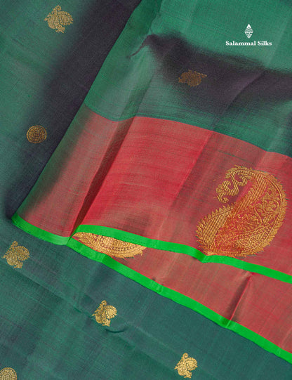 Pure Kanjivaram Silk Saree - Bottle Green Colour Body Zari Butta With Dual Tone Maroon Border